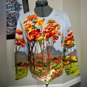 RARE Design Options M Fall Leaves Scene W/bicycle Sweater cardigan valentines